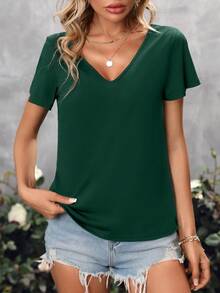 Chiquease Áo thun nữ tay ngắn cổ chữ V đan chéo lưng trơn màu đơn sắc - Màu xanh lá cây đậm - Xem 3