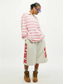 SUMWON WOMEN 长袖条纹橄榄球上衣学院风经典学院风套头衫秋冬时尚个性超大落肩休闲家居服 - 粉色 - 查看 3