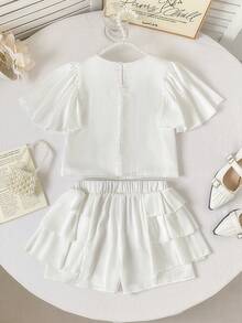 SHEIN 女童荷叶袖蕾丝蝴蝶结衬衫和荷叶边裤子两件套 - 白色 - 查看 2