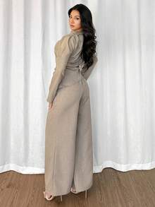 Modelyn Women's Solid Color Long Sleeve Cinched Waist Asymmetrical Hem 2 Pieces Set Two Piece Women Sets Pants Wide Leg Pants Set Modest Two Piece Set 2 Piece Casual Sets Woman Comfortable Two Piece Set