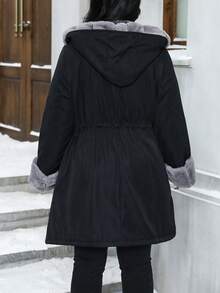 Elenzga Plus Size Women Hooded Long Sleeve Cinched Waist Casual Winter Jacket