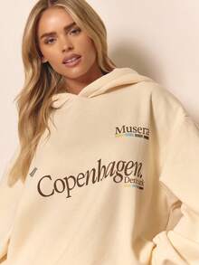 MUSERA Áo Hoodie Oversized in hình họa tiết dễ thương, cá tính, ấm áp, thường ngày, sạch sẽ, phong cách thường ngày, màu vàng bơ, phong cách đồng quê, quý tộc cổ điển, màu caramel, mùa xuân, ngày lễ tình nhân. - Vàng nhạt - Xem 2