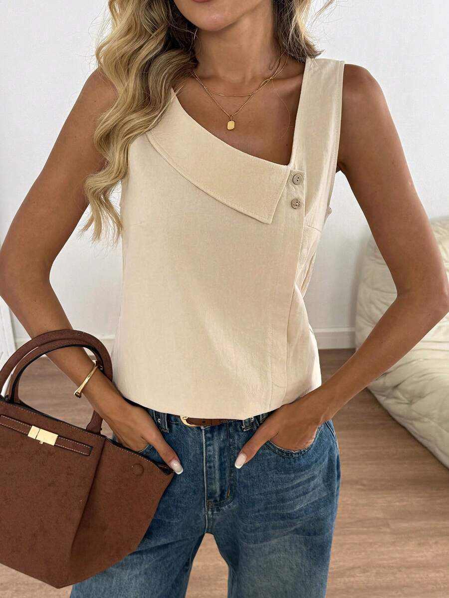 Easowa Women's Cotton Crinkle Texture Asymmetric Button Collar Shirt