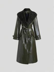 TRNVIE 1 chiếc Áo khoác trench coat cổ lông cá sấu màu xanh ô liu dài thắt lưng cổ điển dành cho nữ, mùa thu/đông - Màu xanh Ô liu - Xem 6