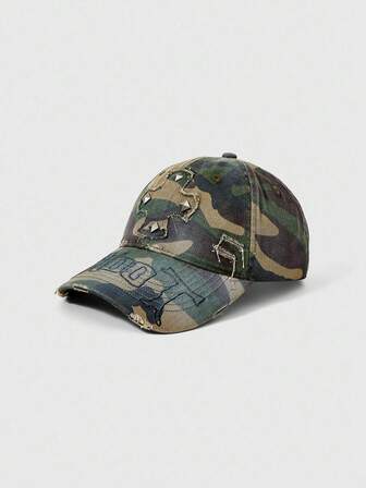 Goth Vintage Camo Cross Rivet Print Asymmetric Baseball Cap, Retro Sun Hat, Personalized Fashionable Multipurpose Unisex Snap Button