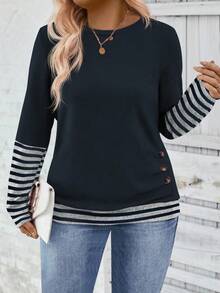 EMERY ROSE 全新大码女式时尚印花条纹撞色圆领宽松T恤 - 藏蓝色 - 查看 1