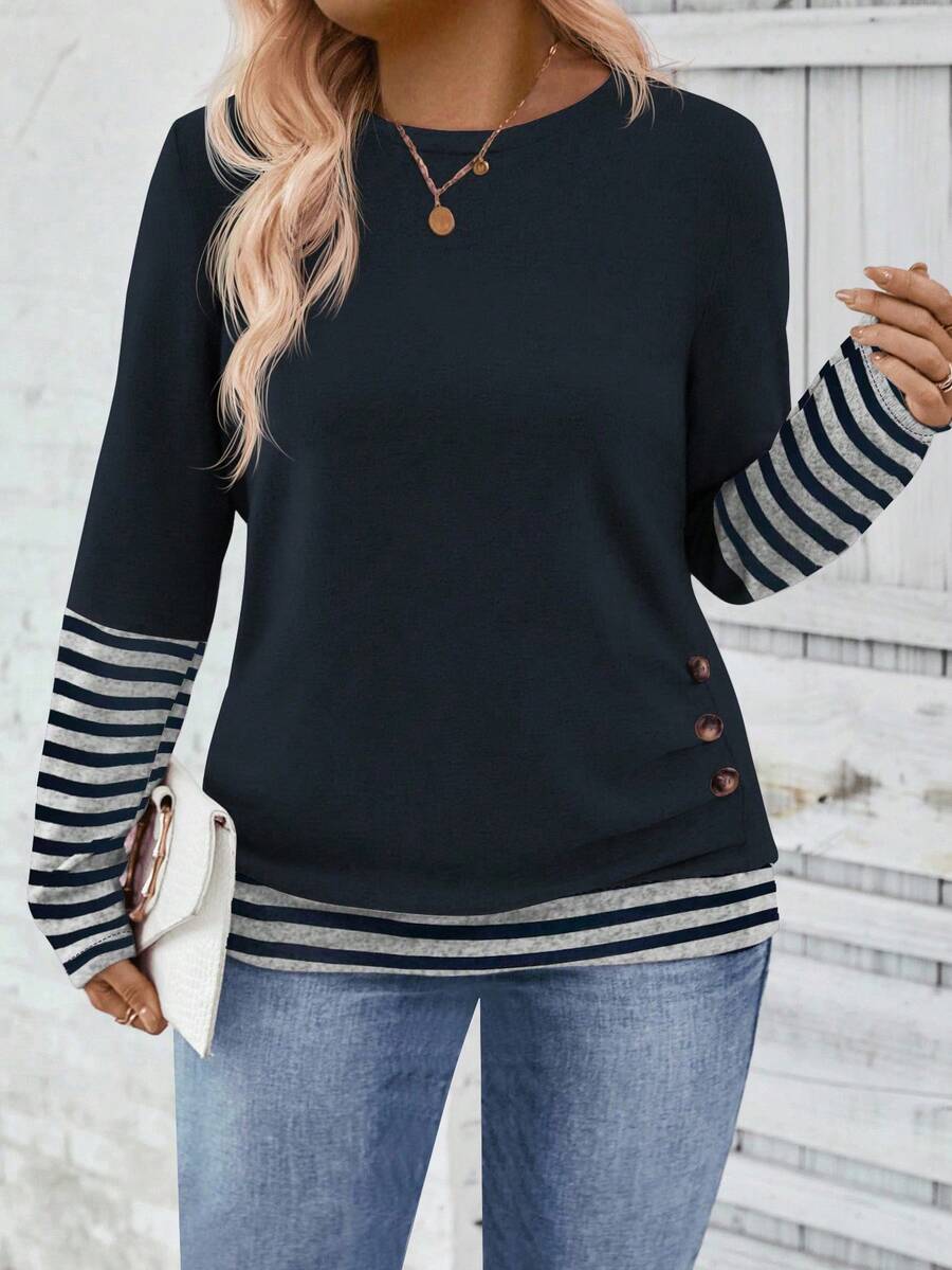 EMERY ROSE 全新大码女式时尚印花条纹撞色圆领宽松T恤 - 藏蓝色 - 查看 1