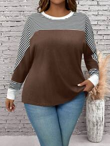 EMERY ROSE T-shirt à manches longues ample en patchwork rayé, automne, grande taille - Marron - Voir 6