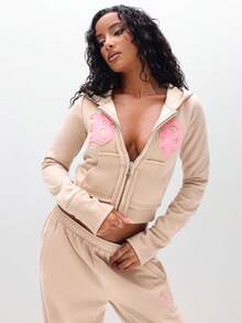 BABYPHAT Áo hoodie có khóa kéo vừa vặn với thiết kế đính vải màu hồng, áo nỉ dài tay thường ngày cho mùa thu đông - màu nâu - Xem 7