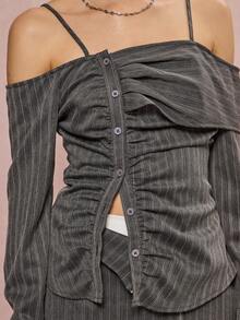 COUREZ 露肩垂褶长袖不对称衬衫 / Y2K 冬季女装外出上衣新年灰色露肩上衣 - 深灰色 - 查看 5