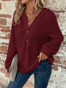 SHEIN Clasi Plain Style Solid Color Hooded Long Sleeve Pullover Sweatshirt,Long Sleeve Tops In Fall/Winter - Burgundy - View 5