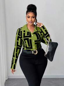 Maweii Plus Size Women Colorblock Long Sleeve Printed Shirt - Green - View 1