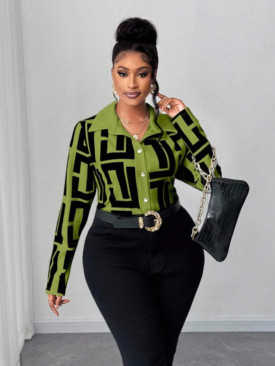 Maweii Plus Size Women Colorblock Long Sleeve Printed Shirt - Green - View 1