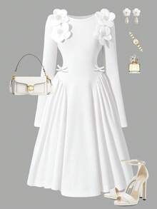SHEIN Girls Elegant Floral Long Sleeve Dress, Versatile For Spring & Autumn - White - View 2