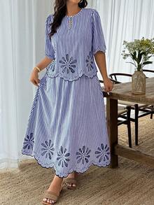 EMERY ROSE Plus Size Striped Print Hollow Out Top And Skirt Casual 2 Pieces Set - Multicolor - View 1