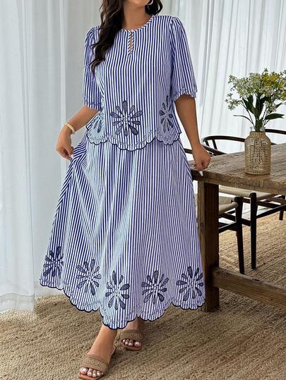 EMERY ROSE 大码条纹印花镂空上衣和迷你裙休闲两件套