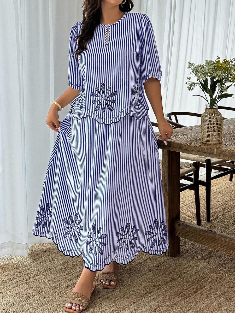 EMERY ROSE Plus Size Striped Print Hollow Out Top And Skirt Casual 2 Pieces Set - Multicolor - View 1