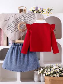 Conjunto de niña joven de blusa de manga larga con cuello y tela texturizada roja + falda de mezclilla plisada bordada, elegante para ir al trabajo - Rojo - Ver 2