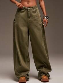 Denimoi Barrel Wide Leg Oversized Back Pockets Baggy Denim Jeans - Olive Green - View 6