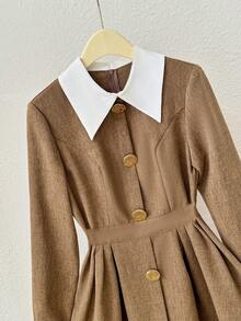 GlowEve 优雅撞色领腰褶短款连衣裙 - 卡其色 - 查看 6