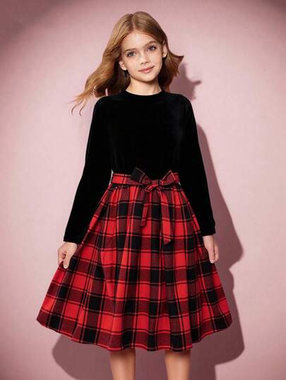 适合少女的黑色和红色格子连衣裙，优雅简约的设计，黑色天鹅绒领长袖短裙，适合秋冬季上学、度假或派对；红色和黑色格子修身腰部 A 字长袖连衣裙，圣诞派对装