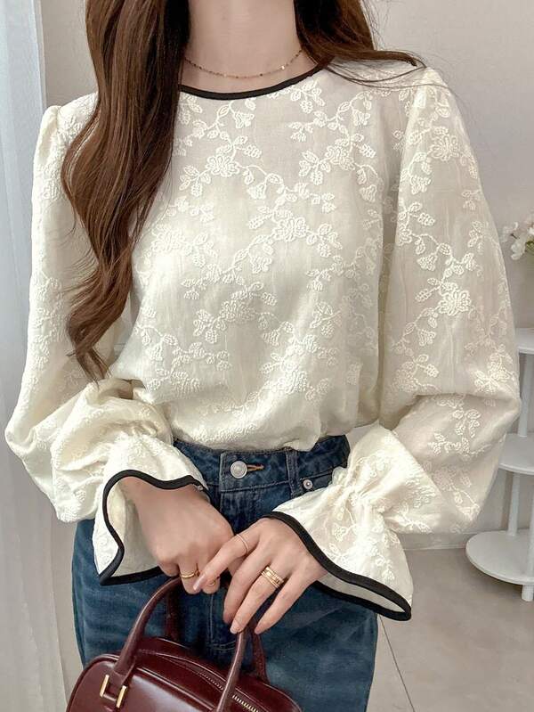 FRIFUL Women's Floral Embroidered Trim Round Neck Flare Sleeve Elegant Blouse Long Sleeve Top