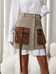 SHEIN Unity Saia Cargo Flare com Bolsos Duplos em Cores Contrastantes