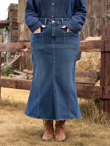 EMERY ROSE 大码女式复古水洗牛仔裙，秋冬 - 深色水洗藍 - 查看 4