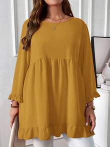 EMERY ROSE Áo sơ mi tay dài cổ tròn viền bèo nhún màu trơn cỡ lớn, đa năng, thường ngày - Màu vàng - Xem 1