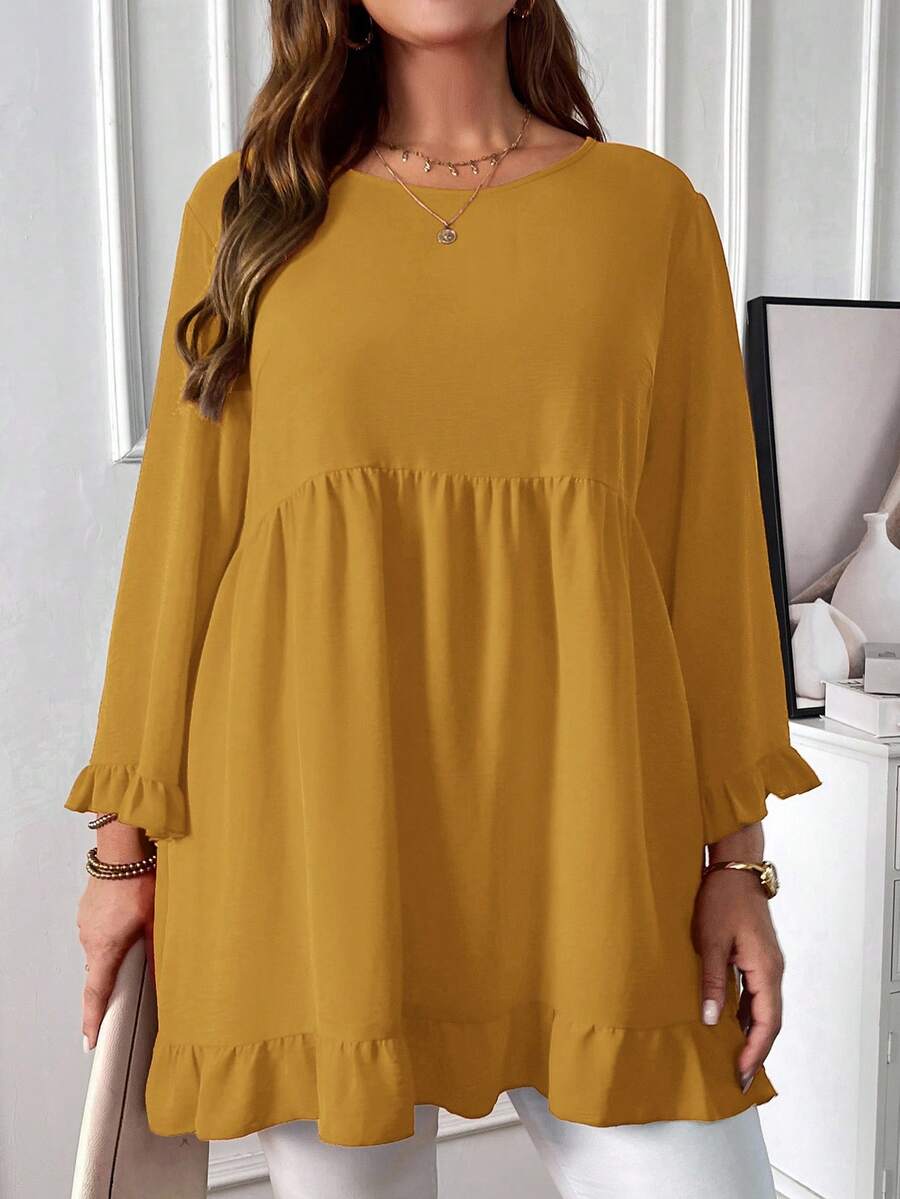 EMERY ROSE Áo sơ mi tay dài cổ tròn viền bèo nhún màu trơn cỡ lớn, đa năng, thường ngày - Màu vàng - Xem 1