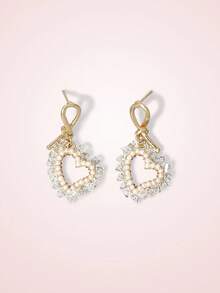 SHEIN MOD Fashionable & Exquisite Crystal Pearl Heart Shaped Earrings - Gold - View 3