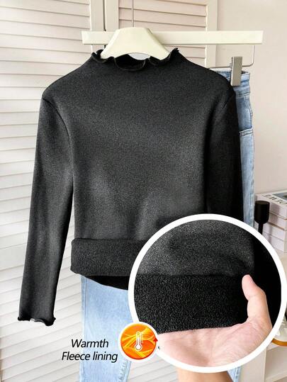 SHEIN 少女基础款休闲运动高领罗纹边长袖套头衫修身保暖针织高领T恤，黑色保暖高领衫，青少年黑色毛衣，可爱黑色上衣，少女黑色上衣