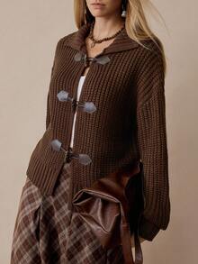 Florisole Women's Casual Commuting School Style Vintage Horn Button Cardigan Sweater, Autumn/Winter Daily Casual - Brown - View 1