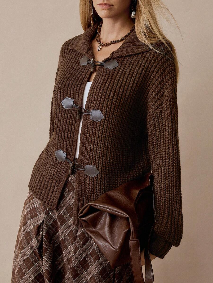 Florisole Women's Casual Commuting School Style Vintage Horn Button Cardigan Sweater, Autumn/Winter Daily Casual - Brown - View 1