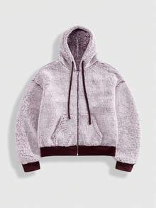 ROMWE MEN Casual Sudadera con capucha con cremallera de forro polar gris-púrpura para hombre, otoño/invierno - Morado - Ver 1