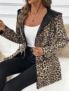 SHEIN Clasi 女士秋冬PU皮连帽豹纹外套，双面可穿，休闲百搭，腰部抽绳带口袋，秋季新年豹纹黑色大衣 - 黑色 - 查看 6