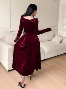 Feyla Women's Elegant Ruffled Collar Faux Pearl Decor Waist Cinched Velvet Dress, Autumn