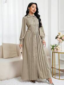 Al Najma 女式优雅简约前扣束腰连衣裙，秋季 - 淺灰色 - 查看 2