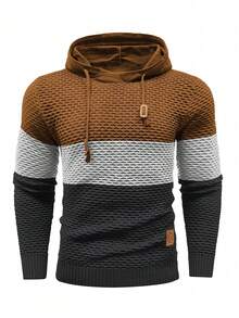 Manfinity Homme Men's Contrast Color Drawstring Hooded Sweater, Autumn/Winter Brown Sweater, Long Sleeve Top - Multicolor - View 3