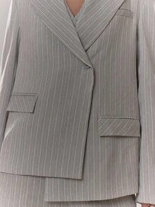 MUSERA Wrap Front Striped Asymmetric Shoulder Pad Blazer Only Cute Classy Sexy Streetwear Fall Autumn Night Out Winter Party Spring - Grey - View 6