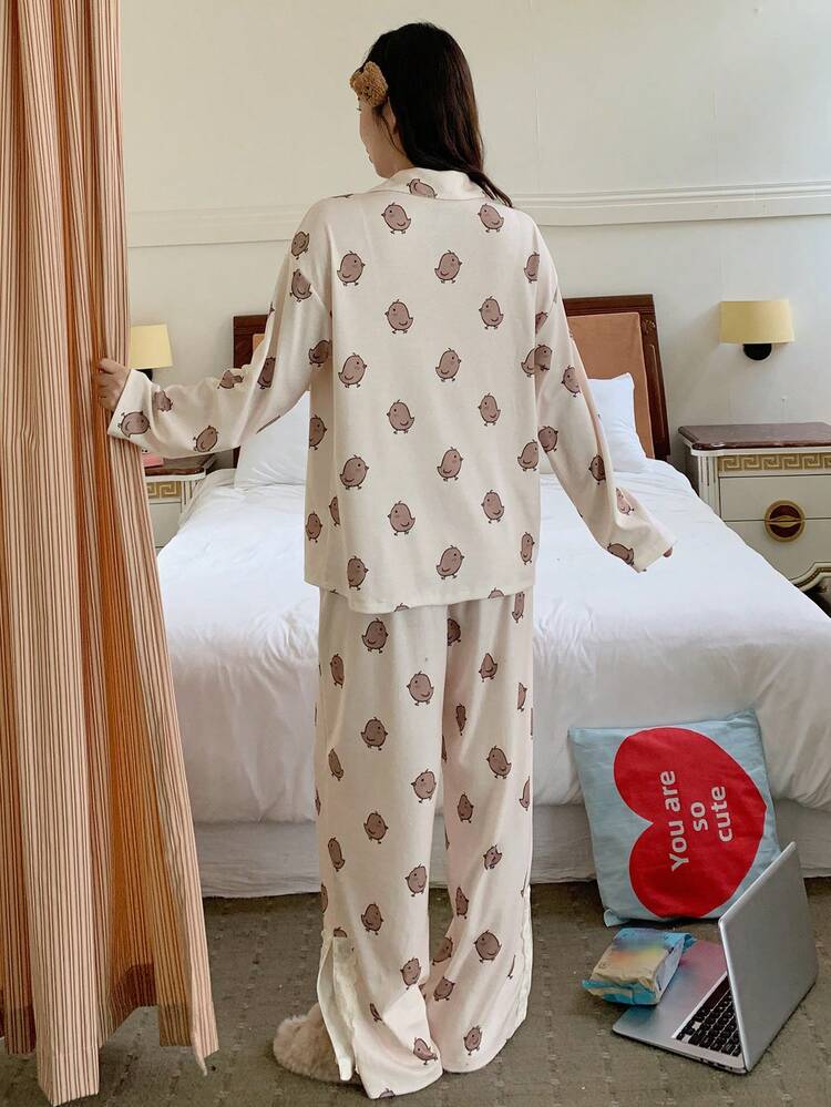 Chicken Print All-Over Women Pajama Set, Winter Clothes