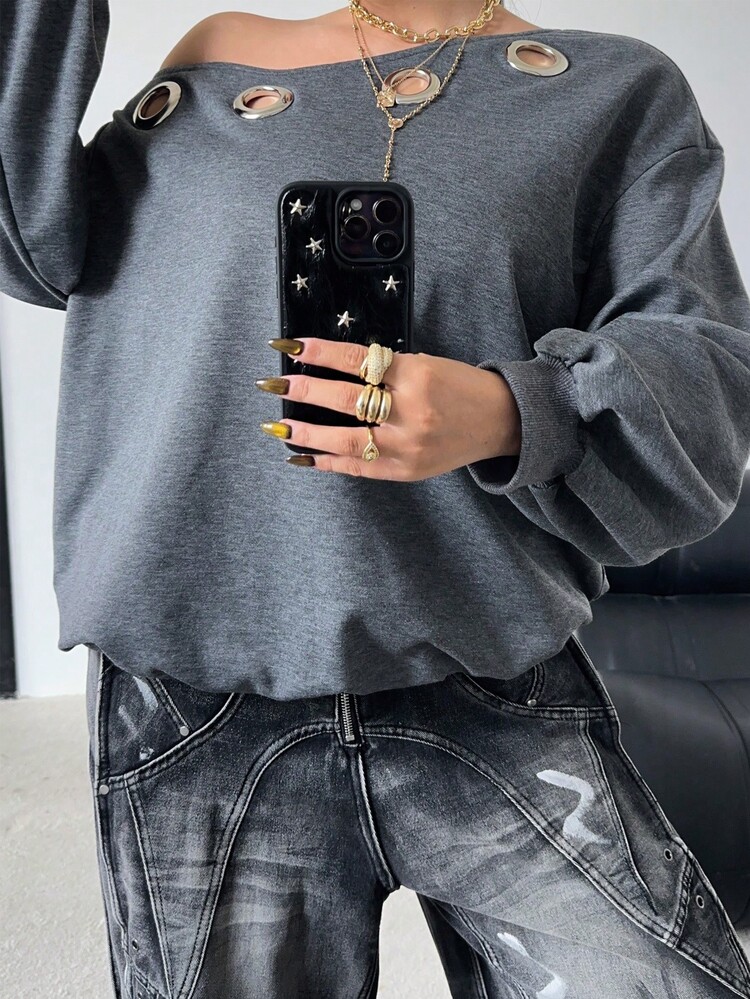 SHEIN POPSWAY Plus Size Women Oblique Shoulder Sweatshirt With Metal Eyelets, Casual Comfortable Street Style Sweatshirt Jacket, Autumn/Winter - Grey - View 3