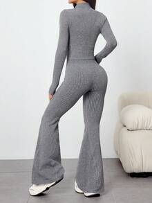 Dewbera 女士无缝瑜伽运动拉链短款上衣和高腰运动紧身裤套装 - 灰色 - 查看 2