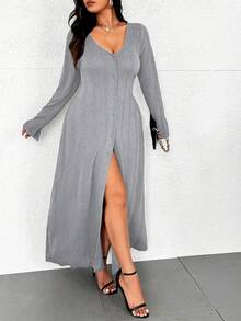 Calvaya Đầm dài họa tiết màu trơn đơn giản cỡ lớn cài nút phía trước, trang phục thu cho nữ Maxi - Màu Xám nhạt - Xem 4