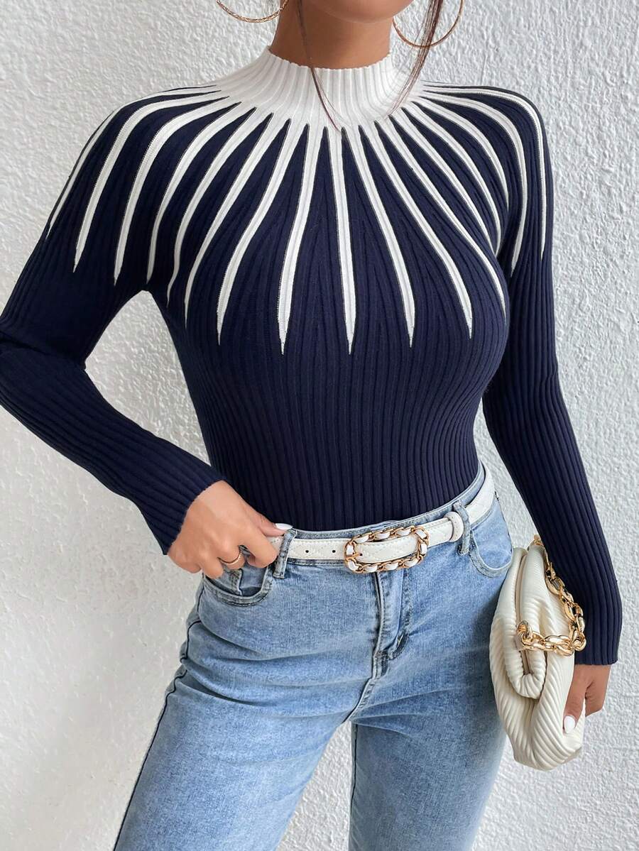 Aidyla Suéter de punto acanalado de cuello alto, ajustado y de manga larga con bloques de color, para mujer, otoño/invierno