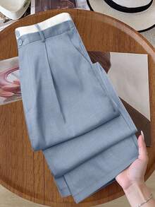 GlowEve CURVE 大码女式撞色腰带斜口袋直筒裤 - 藍色 - 查看 3