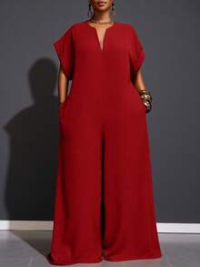 Veslaya 2025年新款复古优雅巧克力色V领短袖阔腿连体裤，大码女装，夏季 - 紅色 - 查看 4
