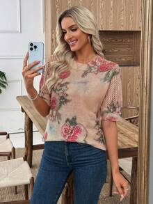 EMERY ROSE 新款复古艺术扎染印花圆领轻薄针织套头衫，女式春夏秋冬装 - 杏色 - 查看 5