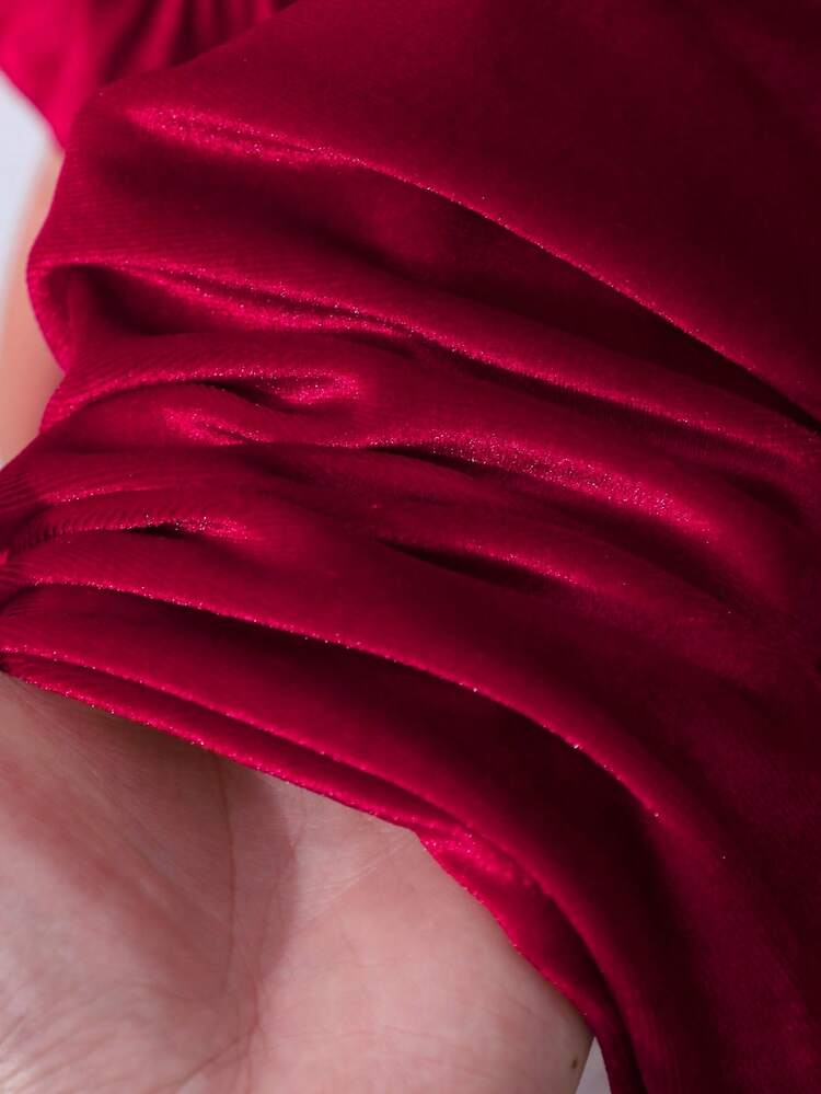 SHEIN Sparklyn فستان أنيق طويل الأكمام للبنات بياقة من الدانتيل وزخرفة الفيونكة، مناسب للحفلات والخروجات، ويمكن ارتداؤه مع السترات والسترات الصوفية والمعاطف - الأحمر - مشاهدة 3