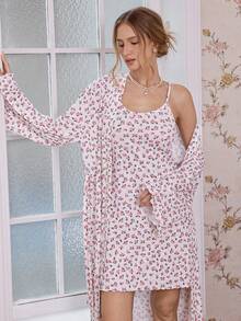 CottageSlumber 2pcs Ditsy Floral Long Sleeve Robe And Fitted Camisole Nightgown Women Sleepwear Pajama Set, Fall Winter Clothes - Pink - View 4